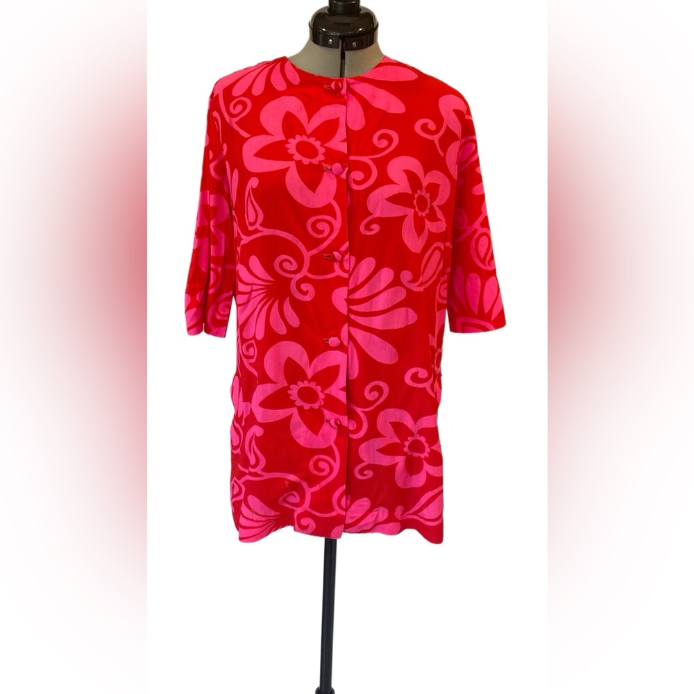 Vintage Liberty House Waikiki Tunic, floral, pink/red, covered buttons, S, GUC - Picture 2 of 9
